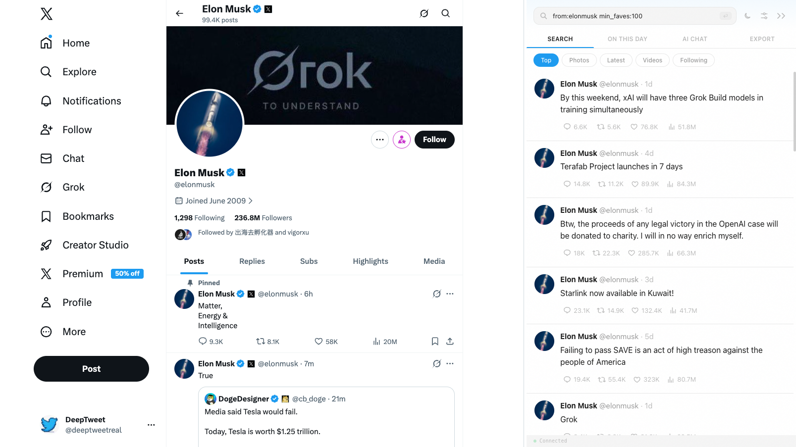 DeepTweet sidebar showing Elon Musk search results